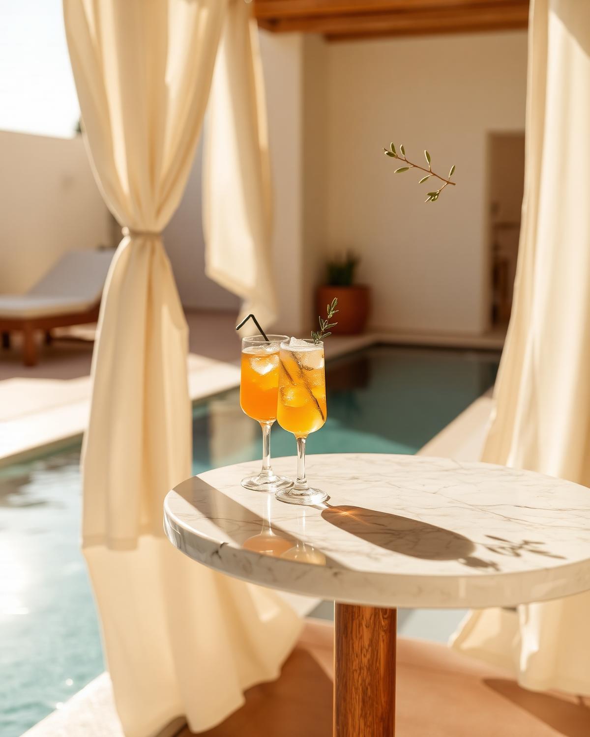 Marble poolside table with two chilled drinks beneath a cream cabana
